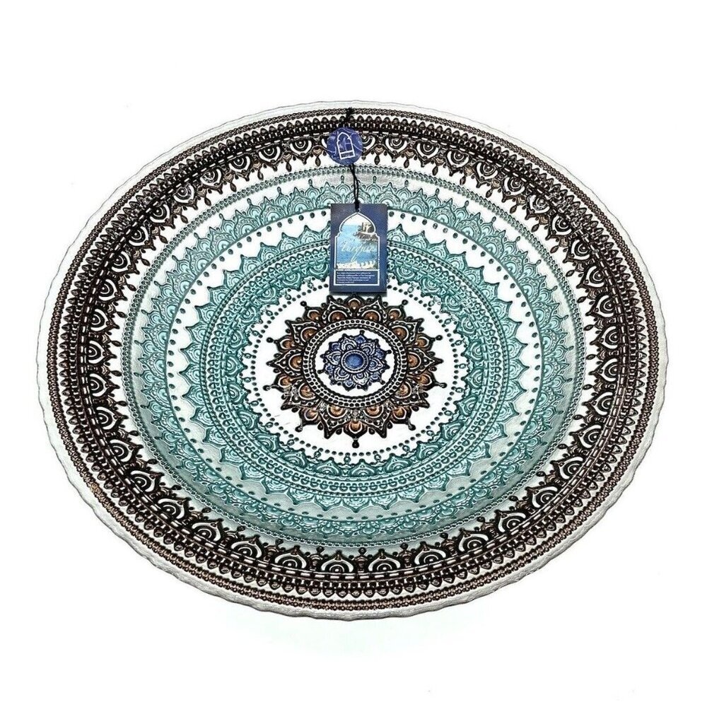 Turkish Glass Glass Round Bowl Dinner Display Silver Blue Oriental Lace 16” W XL - Picture 9 of 10